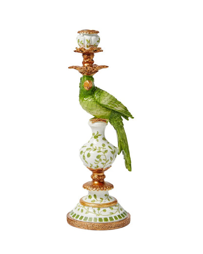 Ornate Parrot Candle Holder – Green & White, Right Facing