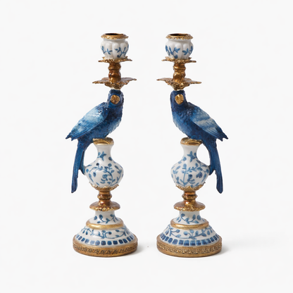 Ornate Parrot Candle Holder Pair – Blue & White
