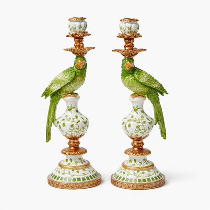 Ornate Parrot Candle Holder – Green & White, Right Facing
